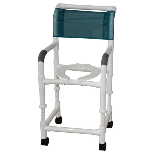 The Graham Field PVC Shower Chair/Commode is a health care grade chair with a white frame and a green fabric backrest. It is designed for comfort, featuring ergonomic curved arms, a seat with an opening, and four black casters to ensure easy mobility.