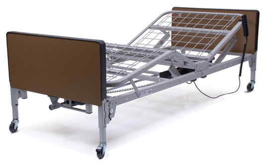 The Patriot Homecare Full-Electric Bed by Graham Field offers a solid metal frame, wooden head and footboards, adjustable electric height support, wheels for easy movement, and a control panel for customized positioning, ensuring a comfortable grid sleep surface experience.
