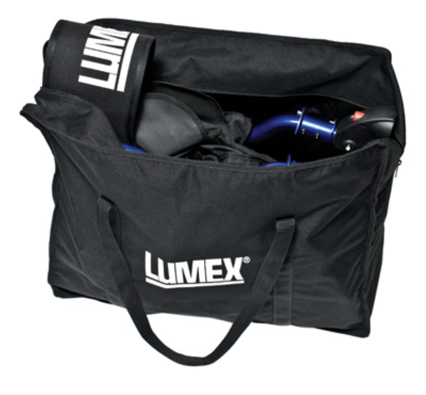 A large black carrying bag featuring “Lumex” in white on the front, partially unzipped to reveal handles and components of the Graham Field HybridLX Rollator Transport Chair inside.