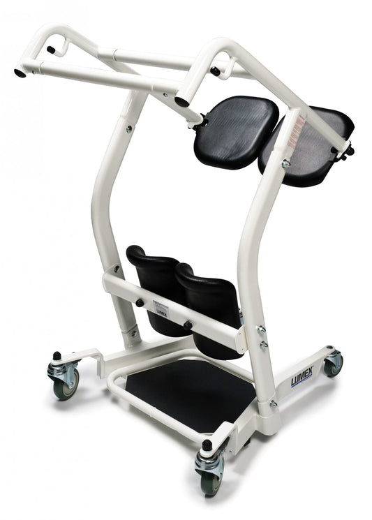 The Graham Field Stand Assist is a white mobility aid with wheels, designed to help individuals with limited mobility stand or move safely. It features a sturdy frame, knee supports, and handles for added stability.
