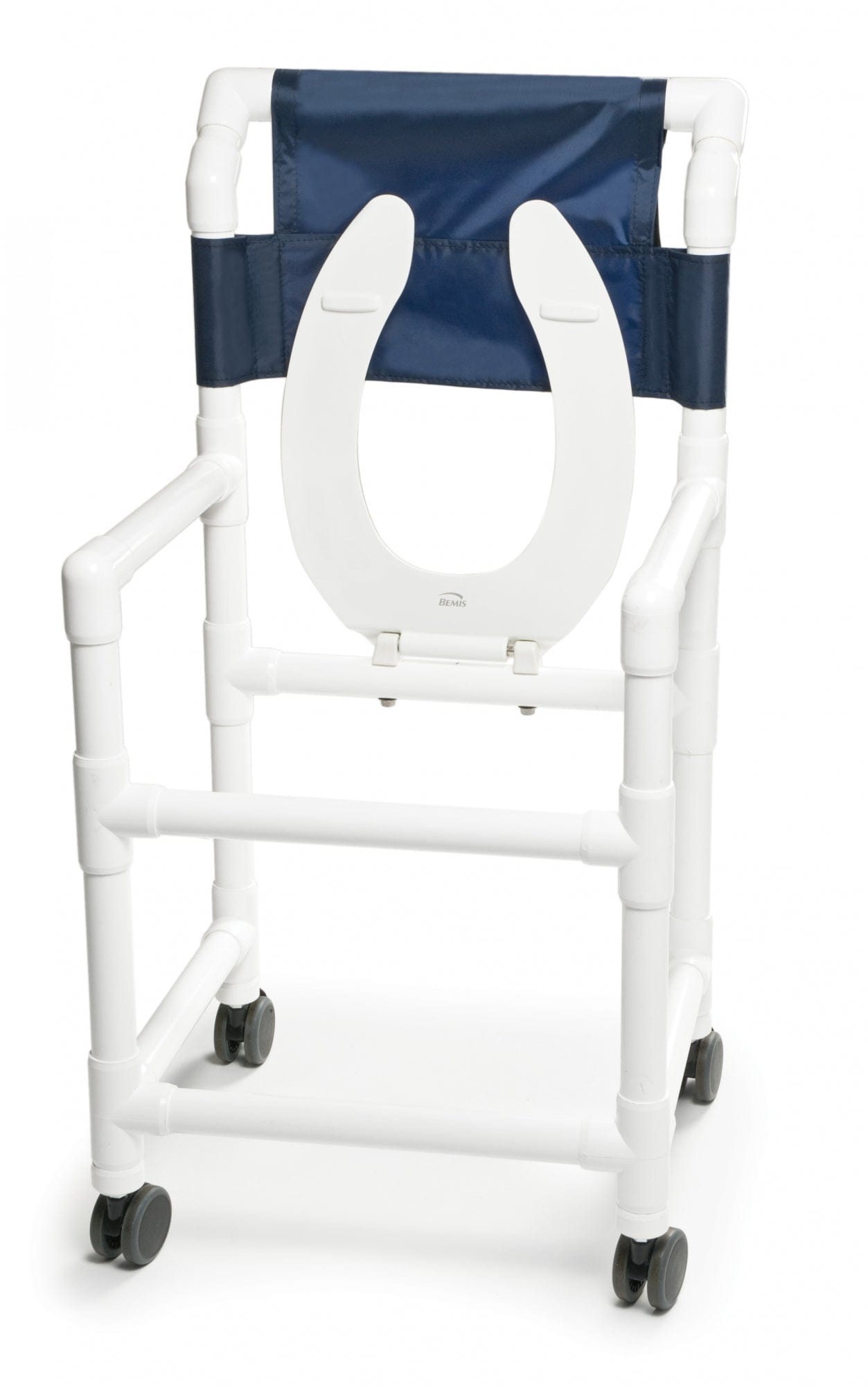 The PVC Shower Commode Chair by Graham Field is a white shower chair that features a fluid-resistant blue backrest made from a robust PVC frame. It offers an open-front heavy-duty seat design for easy hygiene access and includes four wheels for enhanced mobility and convenience during shower use.