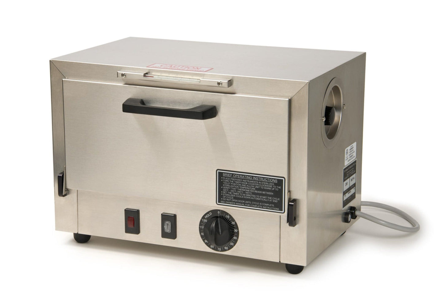 The Graham Field Stainless Steel Dry Heat Sterilizer features a front pull-down door, control knobs, and an indicator light. Designed for maintenance-free operation, it includes a power cord that extends from the side and is ideal for small-scale sterilization tasks.