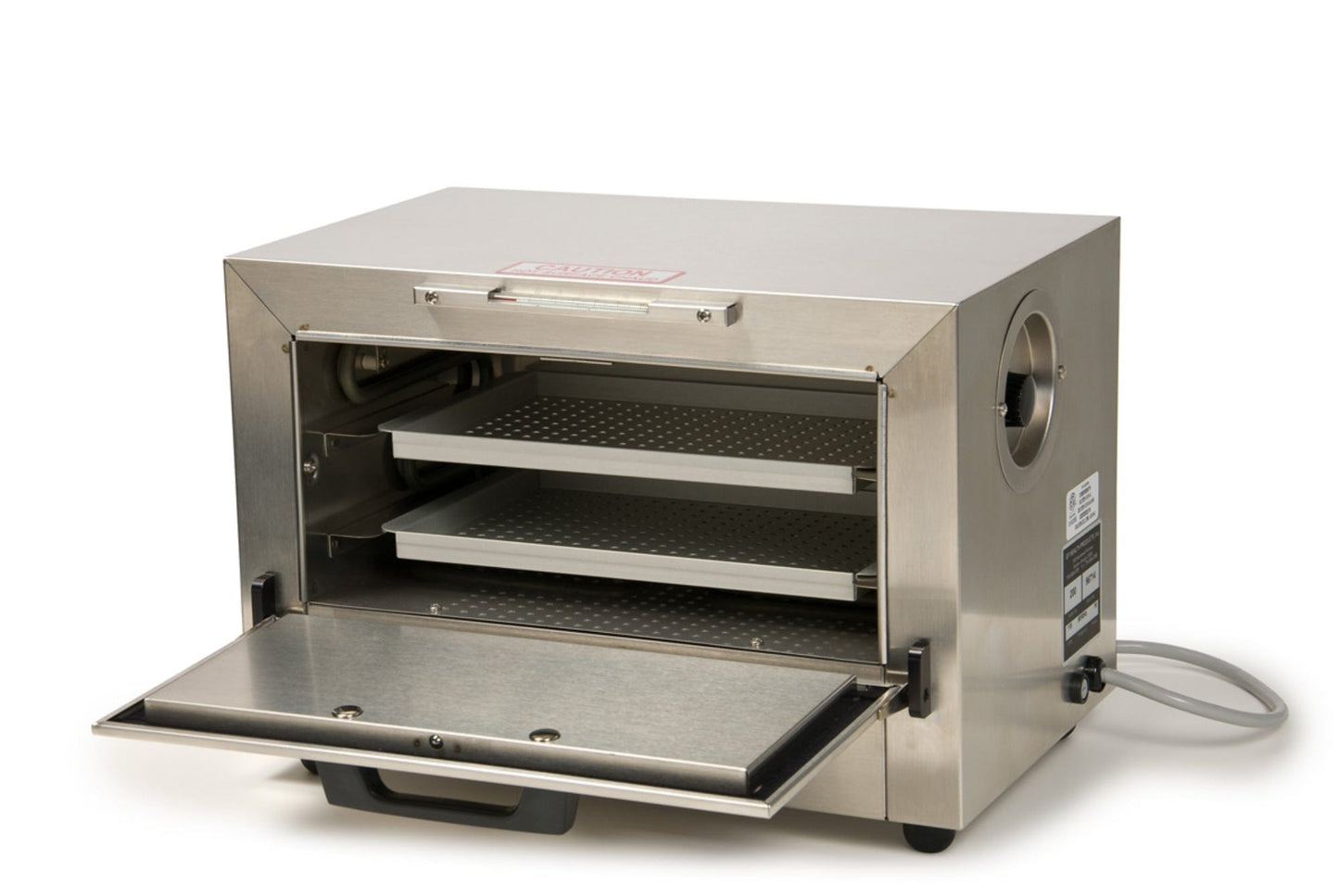 A Graham Field Stainless Steel Dry Heat Sterilizer with an open door reveals two perforated trays inside. The unit features a simple rectangular design with a front panel handle, offering maintenance-free operation while ensuring your sterilized items are prepared effortlessly.