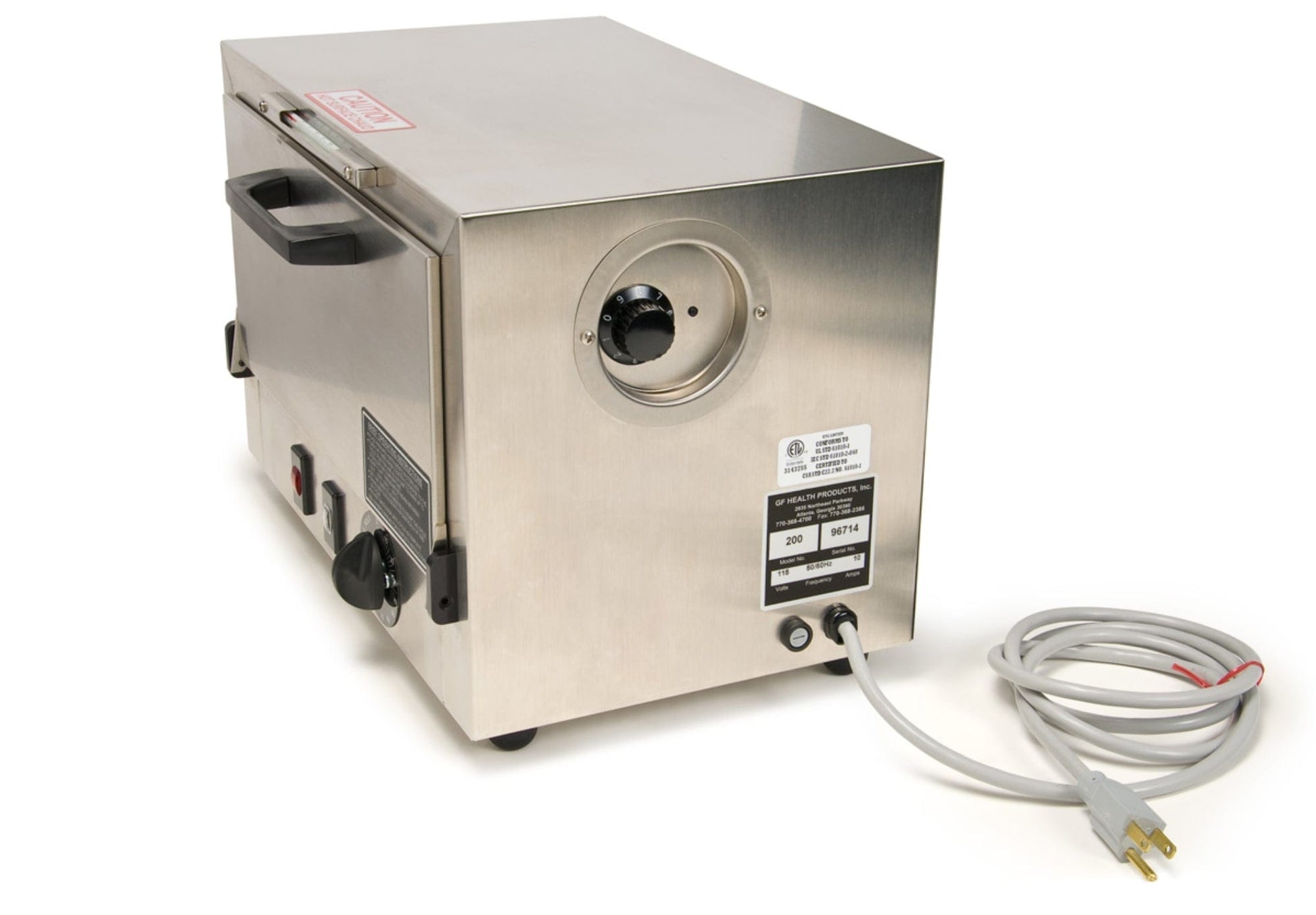 A Stainless Steel Dry Heat Sterilizer by Graham Field, featuring a front handle, control knob, and a digital display on the side. An electrical cord extends from the back as the unit is set against a white background.