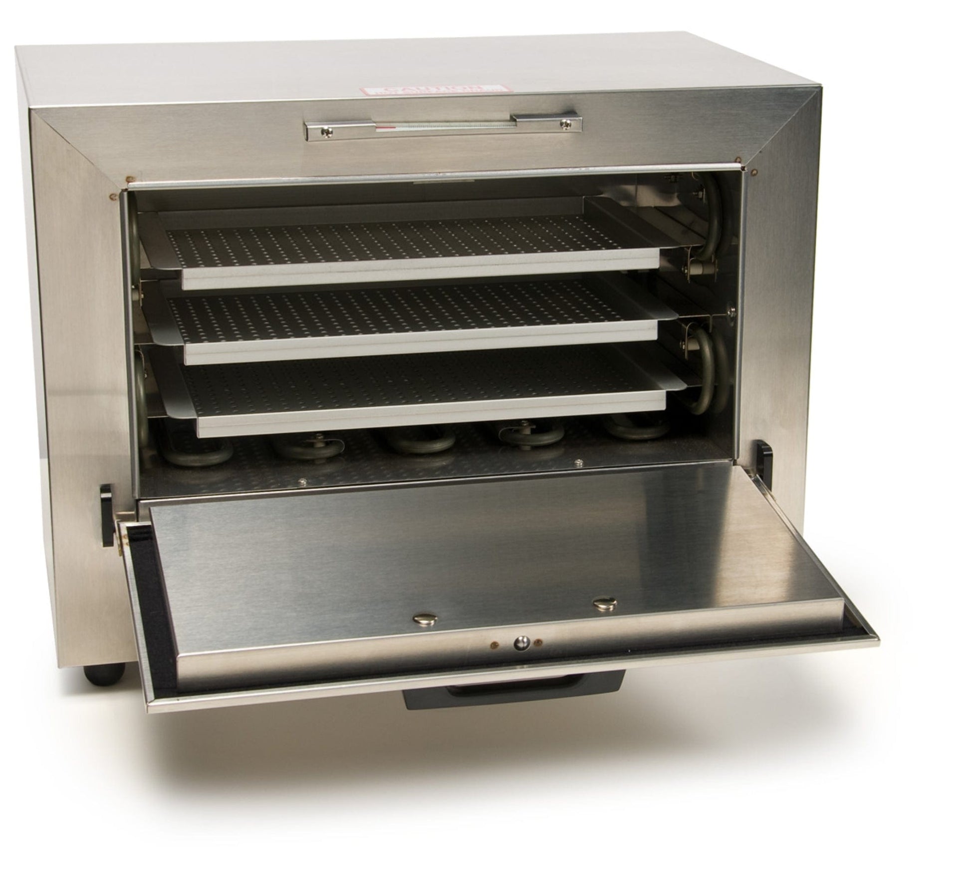 The Graham Field Stainless Steel Dry Heat Sterilizer operates with an open front door design, serving as a food dehydrator. It includes multiple removable trays, visible heating elements at the bottom, and a digital control panel on top for efficient and maintenance-free use.
