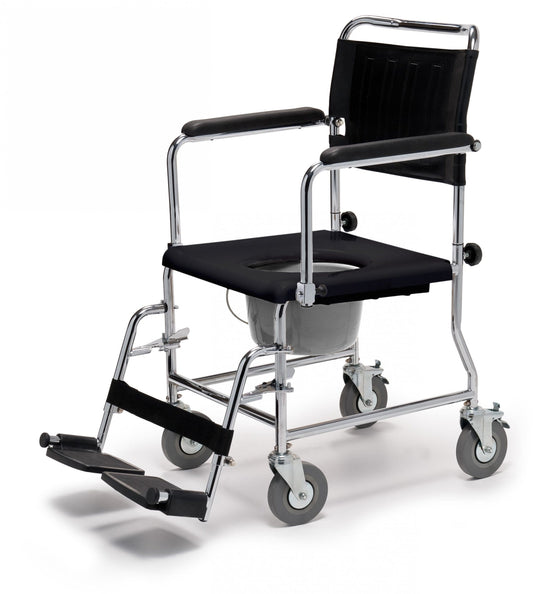 The Graham Field Lumex Drop Arm Versamode is a mobile commode chair with a black seat, armrests, footrests, and four wheels. It offers easy movement, a seat opening, and removable bucket for convenient use.