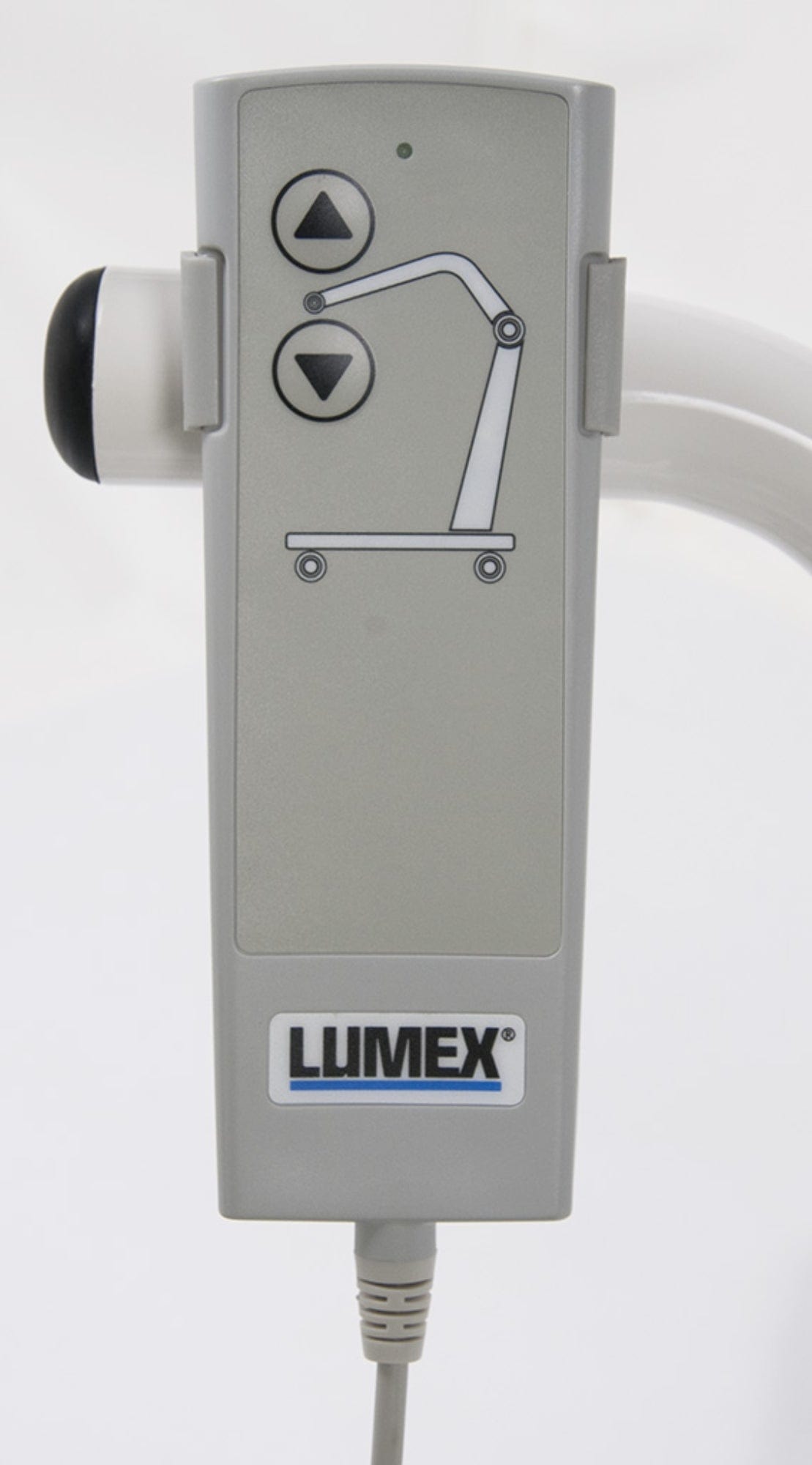 Close-up of a Graham Field remote control for a Battery-Powered Floor Lift. The ergonomic hand pendant features two buttons with up and down arrows, alongside a diagram of the lift mechanism. Ideal for patient transfers, the Graham Field logo is prominently displayed at the bottom.