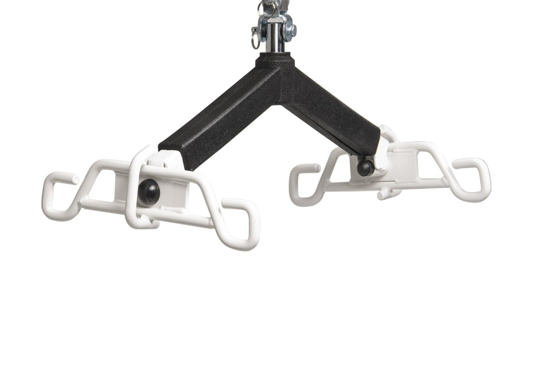 A Graham Field Battery-Powered Floor Lift featuring a black metal triangular frame with white plastic clips attached at each end, designed for patient transfers. The clips securely hold flat objects and provide ergonomic convenience similar to a Lumex floor lift system, while being suspended from an overhead support.