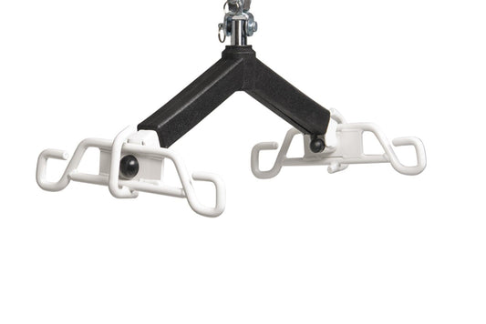 A Graham Field Battery-Powered Floor Lift featuring a black metal triangular frame with white plastic clips attached at each end, designed for patient transfers. The clips securely hold flat objects and provide ergonomic convenience similar to a Lumex floor lift system, while being suspended from an overhead support.