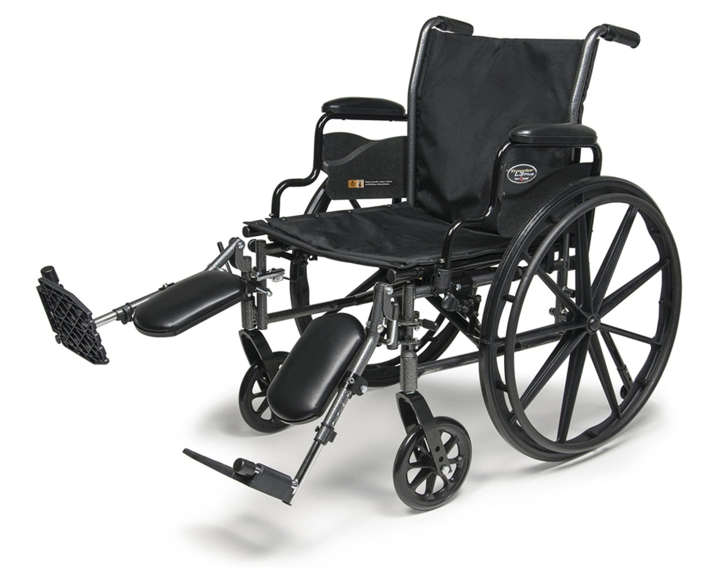 The Graham Field Traveler L3 Plus is a black lightweight wheelchair with large rear wheels, small front wheels, padded armrests, elevated leg rests that extend forward, and a black fabric seat and backrest.