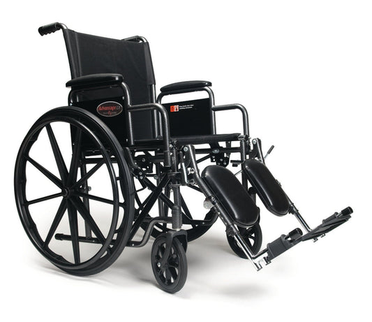 The Advantage LX Wheelchair by Graham Field features a black frame, large rear wheels, small front casters, cushioned armrests, elevated footrests, and a fabric seat and backrest for comfort. The wheelchair is empty.