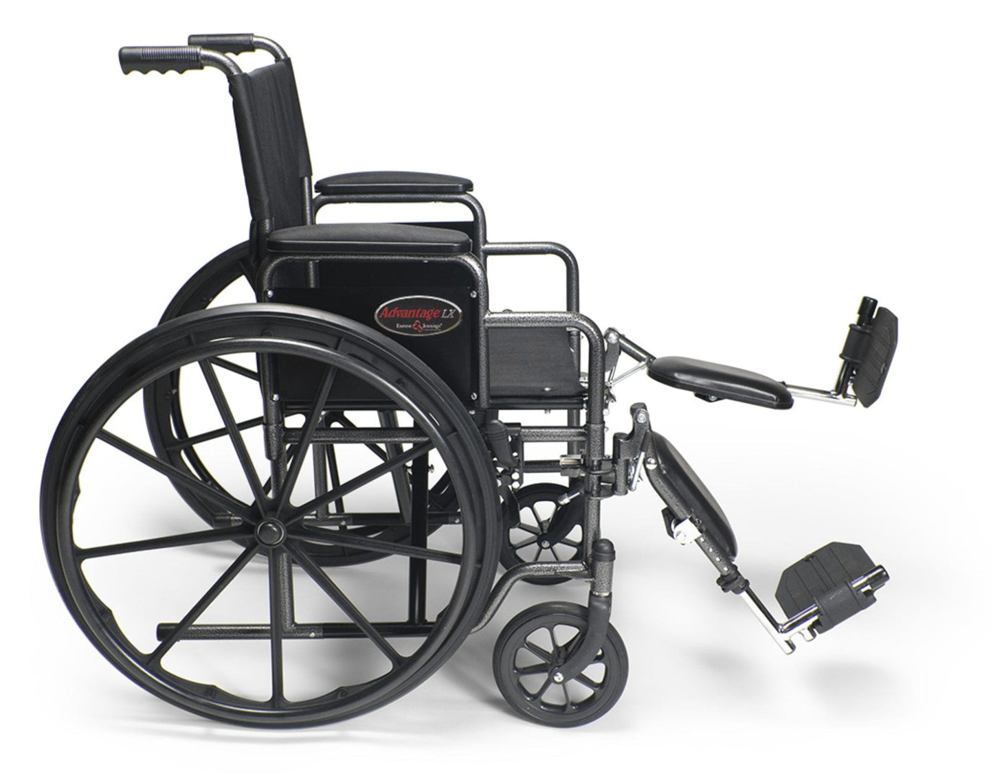 The Graham Field Advantage LX Wheelchair, shown from the side on a white background, features a black frame, manual operation, elevated leg rests, and padded armrests for comfort and durability.