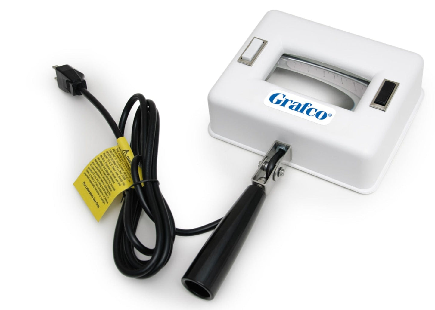The Graham Field Q-Series UV Magnifier Hand Held Woods Exam Lamp features a white body, black handle, and power cord. It includes a curved opening on top with a yellow warning tag attached to the cord. This handheld unit is designed for convenient use anywhere.