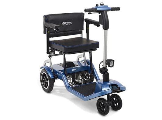 The Journey Health & Life Style So Lite Scooter, in blue, features a compact design with a black cushioned seat, armrests, underseat storage basket, and easy-to-use handlebars—ideal for lightweight mobility and added safety.