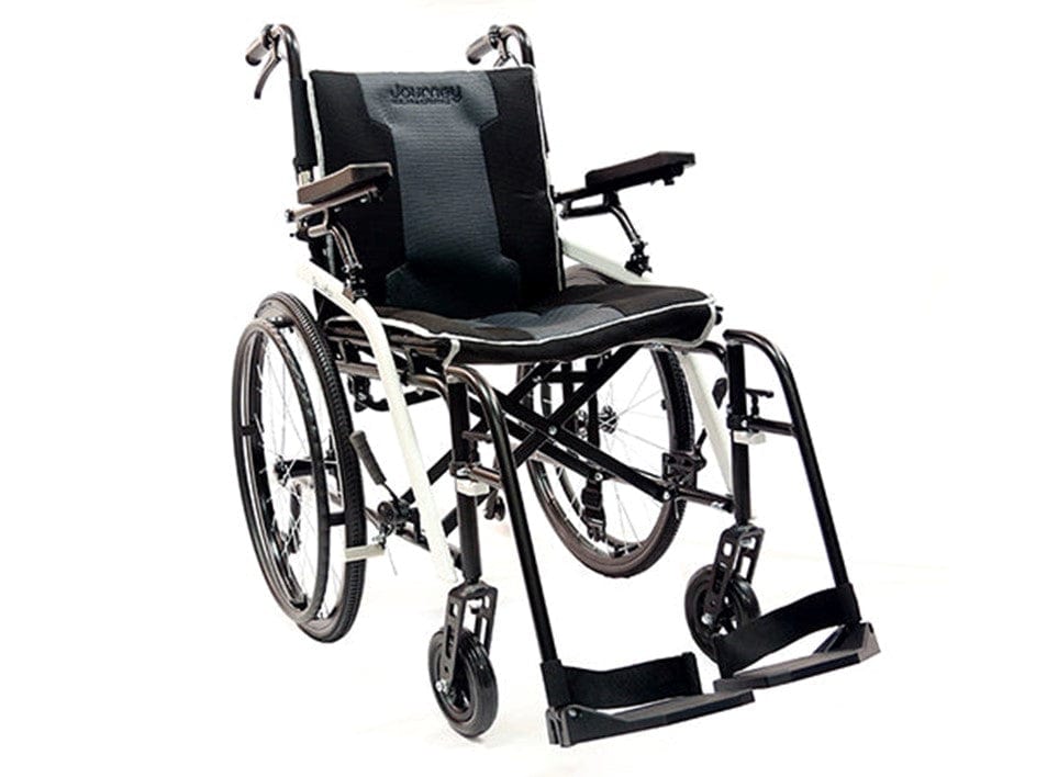 The So Lite™ C2 Lite Wheelchair by Journey Health & Life Style features large rear wheels, small front casters, padded seat and backrest, armrests, and footrests. Lightweight and portable, it is shown on a white background.