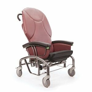 Introducing the Scoot Chair 24" TILT N Space by Continental Health Equipment, a maroon reclining medical chair with adjustable seat height. It offers comfort and safety with armrests, durable metal frame, padded seating, a push handle for ease of movement, and four wheels for mobility.