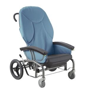 The Scoot Chair 24" TILT N Space by Continental Health Equipment is a blue padded medical wheelchair with a high backrest and black armrests. It features large rear wheels, smaller front casters, and an adjustable seat height for comfort in healthcare fall prevention settings.