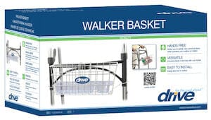The packaging for Drive Medical's Folding Walker Basket beautifully showcases its hands-free, versatile design and easy installation. An essential walker accessory, the mostly blue and white packaging features a clear image with highlighted features.