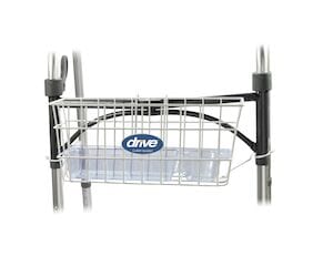 The Folding Walker Basket by Drive Medical, a vital mobility aid, features an oval "drive" logo. This metal accessory includes a clear plastic liner and mounts easily between two gray walker handles to enhance your mobility experience.