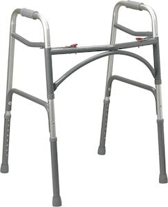 The Drive Medical Walker Bariatric Aluminum Folding Walker boasts a sturdy aluminum frame in silver and gray, featuring adjustable settings, rubber grips, and non-slip feet. Designed to offer stability and support, it effectively aids individuals facing mobility challenges.