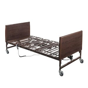 The Drive Medical Bed Bariatric Light Weight 42" Homecare offers a hospital-grade frame with wheels, a wooden headboard and footboard, metal slats, and an electronic control cord for easy bariatric support.