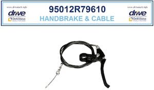 Image of the Drive Replacement Brake Assembly & Cable for a knee walker, product code 95012R79610. Features blue and white packaging with "Drive Medical" and "DeVilbiss Healthcare" logos.