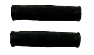 Two black foam hand grips from the Drive Medical DV8 Able Knee Walker are placed parallel on a white background.