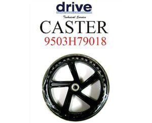 A black caster wheel with five spokes, part of the Drive Medical Caster Assembly for 790 Knee Walker, appears below the text: "drive Technical Series CASTER 9503H79018" on a white background.