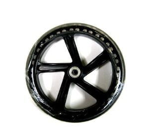 Against a plain white background, the Drive Caster Assembly For 790 Knee Walker by Drive Medical is showcased, featuring a sleek, black six-spoke wheel with a circular design and central bearing.