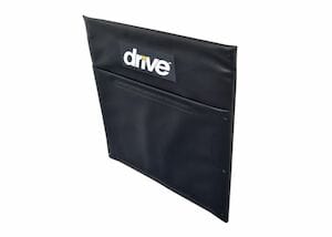 The Drive Medical Back Upholstery 18" for Silver Sport Wheelchair features a black pouch with "drive" in white on a label. It includes a large pocket with flap, attaching to the back upholstery for convenient storage.