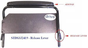 Close-up of the Wheelchair Arm Full Length, showcasing an arm pad and release lever on the Cruiser III model, with "Drive Medical" prominently displayed on the side panel.