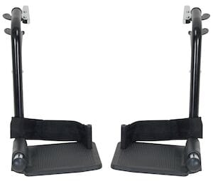 Drive Medical's Swingaway Footrests for Cruiser III feature detachable black footrests with vertical support bars and adjustable footplates. Velcro straps secure feet, and the design allows them to swing away, as shown in the image with both footrests side by side.
