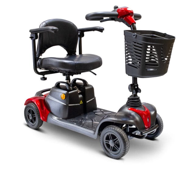 The E-Wheels eWheels EW-M39 4-Wheel Travel Scooter features a black seat with armrests, a small front basket, and a red and black body, designed for individuals with limited mobility.