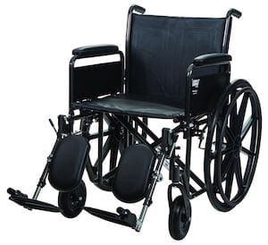 The Direct Supply Heavy Duty Wheelchair features a sleek black frame, large rear wheels, smaller front ones, padded armrests, and elevating leg rests. Its 22" x 18" seat and backrest offer durable vinyl support.