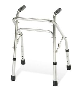 Introducing the Walker Fold Child by Medline, a versatile and sturdy walking aid suitable for pediatric use. Crafted from silver metal, it features rubber grips and height-adjustable legs that provide enhanced mobility assistance. With black rubber feet for added stability, this walker is perfect for those seeking an effective support solution.