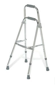 The Medline Walker Hemi Sidestep ADL 250LB is a height-adjustable, lightweight silver metal frame with four rubber-tipped legs and two handles for support, slightly angled to provide user stability.