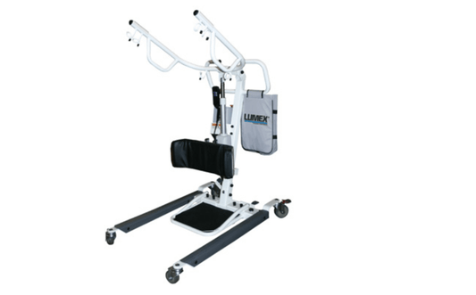 The Graham Field Lumex Bariatric Easy Lift STS stand assist lift boasts durable heavy-gauge steel construction, padded handles, footrests, and wheels for smooth mobility. It features an ergonomic design with an adjustable knee pad and side storage pouch to assist individuals with limited mobility.