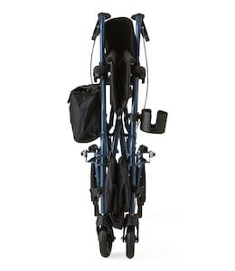 A Folded Medline Rollator Transport Combo Chair in blue with 8" wheels and black fabric, featuring attached accessories like a storage bag and cup holder. This compact chair, with a weight capacity of 250 lbs, is viewed from the front against a white background.