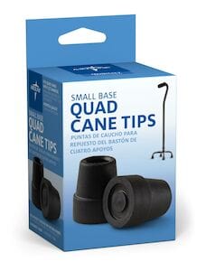 The image shows a Medline Cane Tips Quad 1/2IN 2PK box with a picture of the tips and a quad cane. The packaging includes bilingual English and Spanish text about using them as replacement tips.
