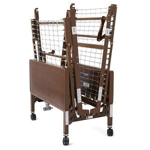 The Medline Bed Transport Cart is a foldable hospital bed frame with brown panels and a metal mesh, equipped with caster wheels for easy mobility. It's shown upright and folded, making it ideal for efficient transport.
