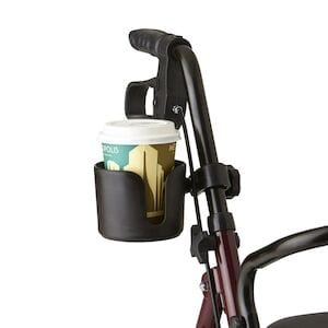 Introducing the Medline Cup and Cane Holder: a versatile walking aid with a cup holder conveniently attached near the handle. Featuring a stylish maroon and black frame, its clever design resembles a cane holder, making it perfect for carrying your beverage in a paper cup with a lid.