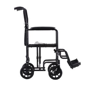 Side view of the Nova Medical Transport CH 19 Steel wheelchair, featuring a black lightweight design with four small wheels and swing-away footrests. The foldable backrest highlights its compact form for easy storage and transport, supporting up to 300 lbs.