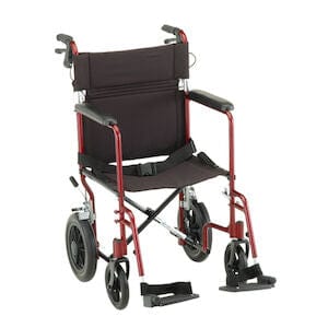 The Nova Medical Transport Chair 20" Aluminum features a red frame and black seat with a folding design for compact storage. Its lightweight aluminum build, four wheels, push handles, armrests, and footrests provide comfort and convenience.