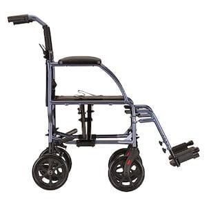 The Nova Medical Transport Chair 18" Lightweight 1EA is a foldable wheelchair with a sturdy 300-pound weight capacity. It features four black wheels, a padded seat, adjustable footrests, and handles for pushing on its sleek aluminum frame, ensuring dependable mobility assistance.