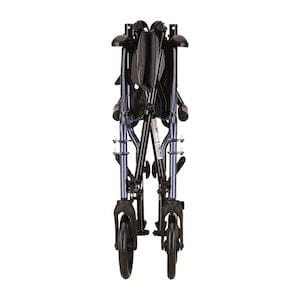 The Nova Medical Transport Chair 18" Lightweight 1EA features a compact, portable design with a lightweight aluminum frame, black seat and handles, and a dark blue finish. Visible wheels highlight its sturdy 300-pound weight capacity.