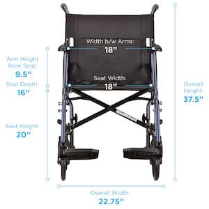 Image of the Nova Medical Transport Chair 18", featuring a lightweight aluminum frame with an 18" seat width, 9.5" arm height from the seat, and 16" seat depth. It stands at an overall height of 37.5" and supports up to a 300-pound weight capacity with adjustable footrests for comfort.