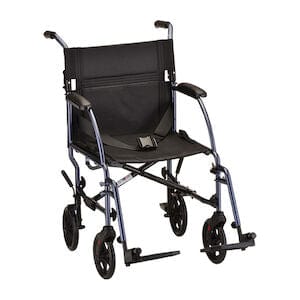 The Nova Medical Transport Chair 18" Lightweight 1EA features a black aluminum frame, four small wheels, and adjustable footrests. Its padded seat and backrest offer comfort, while the design ensures easy maneuverability and supports up to 300 pounds reliably.