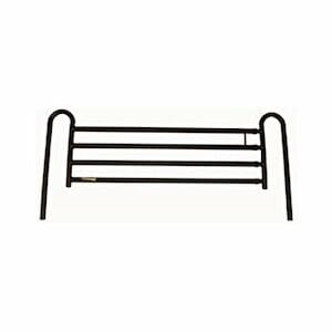 The Deluxe Bed Rails Full Length by Compass Health features a black metal design with three horizontal bars and curved ends, providing safety and support. Displayed against a white background, this bed rail offers full-length protection for peace of mind.