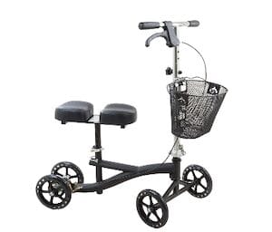 The Roscoe Knee Scooter with Basket by Compass Health is a versatile mobility aid with four wheels, a padded knee platform, handlebars with brakes, and a mesh basket. Its frame and handlebar are height-adjustable for comfort and ease of use.