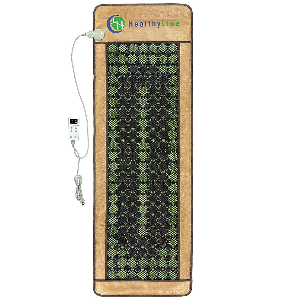 The Mesh JT Mat Full 7224 Flexible InfraMat Pro® is a rectangular heating mat designed in a green and black pattern, featuring a control panel connected via a cord. Infused with jade and tourmaline stones, this product provides far infrared therapy for deep relaxation. The "HealthyLine" logo is prominently showcased at the top.